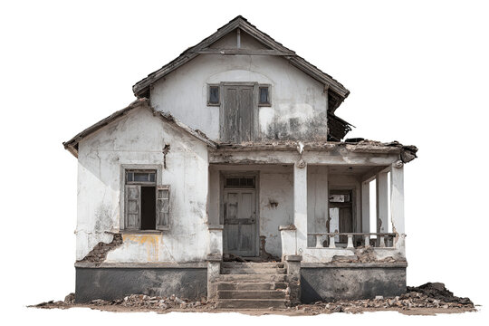 Damaged house with exposed front section, cracked walls and broken roof, isolated on transparent background