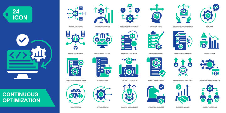 Continuous Optimization Solid Icon Set. Featuring performance improvement, workflow refinement, process monitoring, and efficiency. Vector icons for business platforms and IT operations.