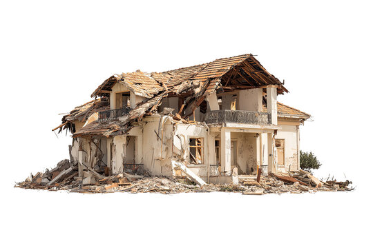 Damaged house with exposed front section, cracked walls and broken roof, isolated on transparent background