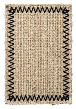Burlap fabric sample with decorative zigzag stitch border.