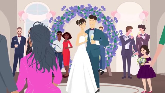 2D Animated Wedding Ceremony Guests Celebrating Bride and Groom Under Floral Arch Flat Vector Character Animation Footage