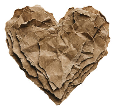 Heart Shape Made of Brown Crumpled Paper Layers.