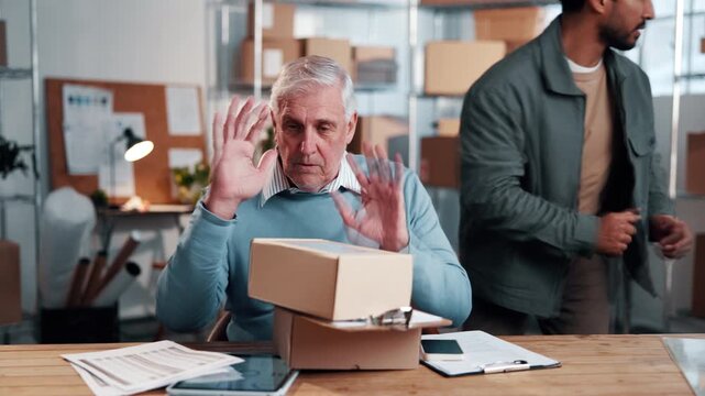 Mature, man and logistics with stress in busy warehouse for demanding colleagues or multitasking. Businessman, overwhelmed or boxes with employees in timelapse for small business crisis or team chaos