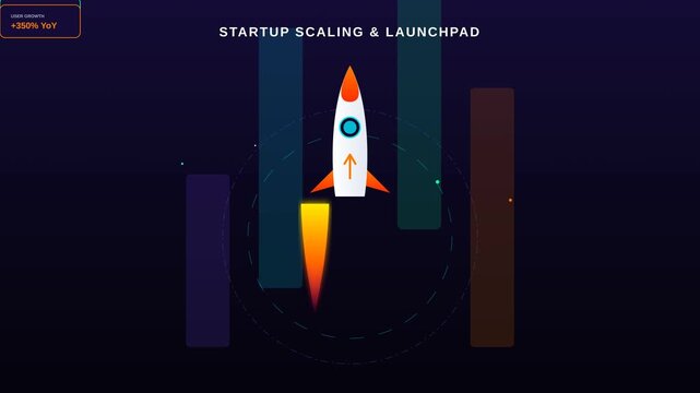 Startup Scaling and Launchpad Concept Featuring Rocket Ship Launch Animation with Business Growth Data