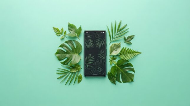 Modern smartphone surrounded by lush green tropical leaves on a teal background