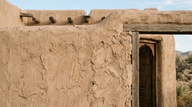 Close-up of a textured adobe wall with wooden beams and an arched doorway.
