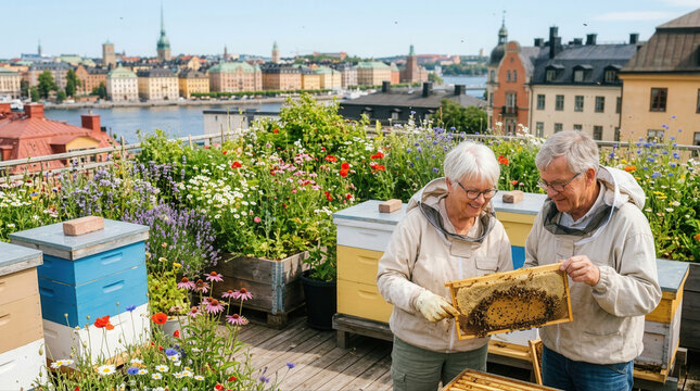 Senior couple enjoying beekeeping together in a lively rooftop garden within a vibrant community for older adults