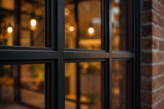 Schwarze Metallfenster mit warm beleuchtetem Innenraum und Backsteinwand