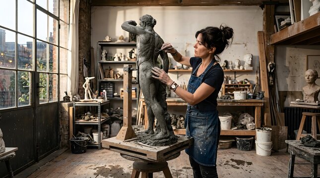 Sculptor shaping clay figure in art studio with natural light