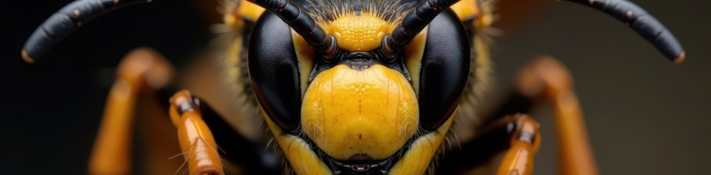 Close-up of a hornet's face, intricate details, pattern, wasp, color
