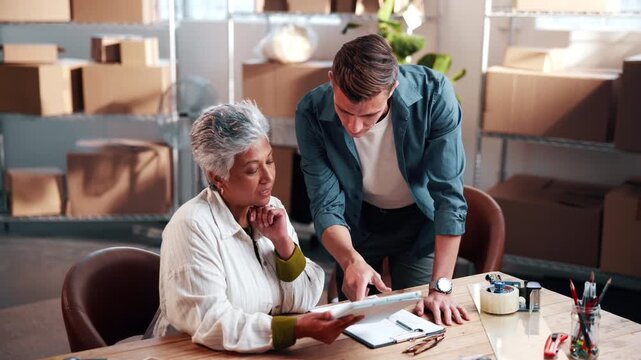 Logistics, review or team in office with tablet, order track or agenda guide in supply chain. Collaboration, people or supplier with tech, delivery discussion or advice on distribution schedule.