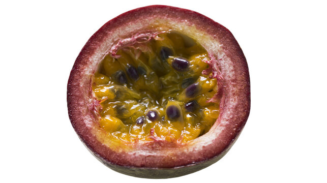 Passion fruit half with juicy pulp and seeds