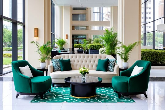 A living room filled with furniture and plants in a hotel lobby