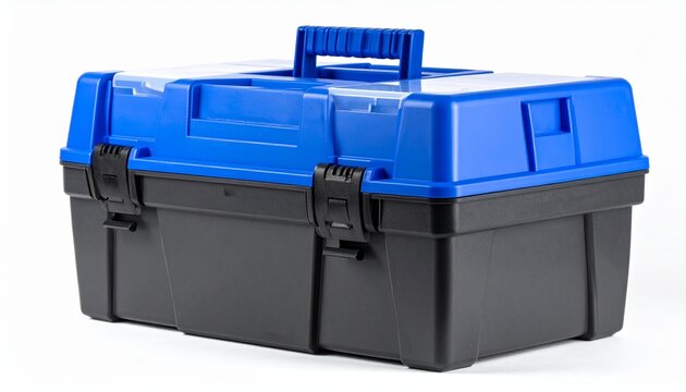 Blue and Black Plastic Toolbox with Carrying Handle and Latches Isolated on White Background