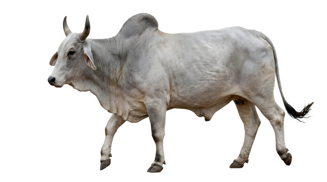 White brahman bull standing in side profile on grey background