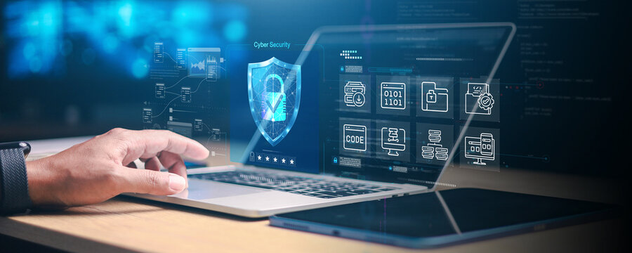 Cybersecurity technology concept with digital shield, data protection, network security, encryption, secure access, and online threat prevention.