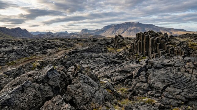 Dramatic Icelandic Lava Field with Basalt Columns Under a Cloudy Sky.