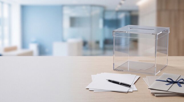 Transparent acrylic ballot box on wooden desk, clear donation container with paper and pen, voting station in blurred office