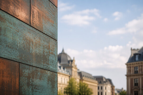 Patinierte Metallfassade mit Kupferplatten und historischer Stadtkulisse