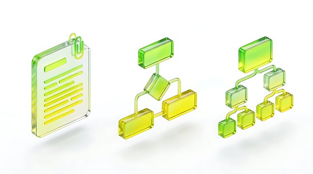 Glass document icons showing flowcharts and organization charts in vibrant yellow and green neon colors
