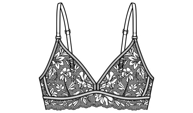 Floral Lace Bralette Technical Fashion Flat Sketch with Mesh Cups and Adjustable Straps Vector