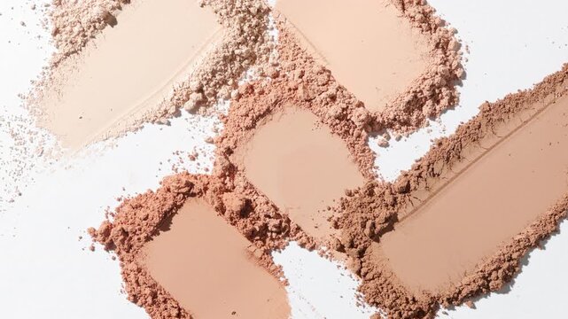 Top perspective macro close-up of five chaotic beige powder smears, one smeared with a palette knife on a light gray background | Concept for powder foundation