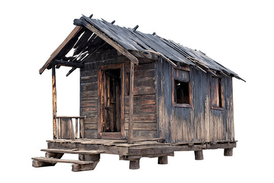 Fire-damaged wooden hut with charred logs and burnt roof, weathered texture, ruins after fire, isolated on transparent background