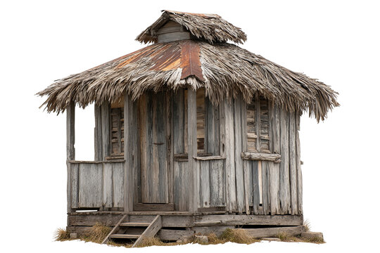 Fire-damaged wooden hut with charred logs and burnt roof, weathered texture, ruins after fire, isolated on transparent background