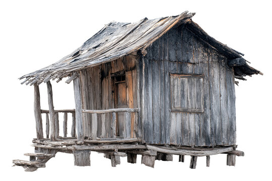 Fire-damaged wooden hut with charred logs and burnt roof, weathered texture, ruins after fire, isolated on transparent background