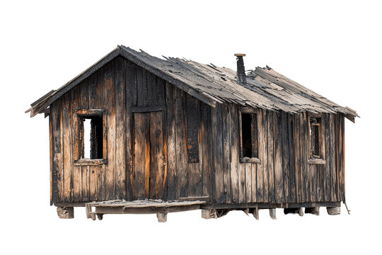 Fire-damaged wooden hut with charred logs and burnt roof, weathered texture, ruins after fire, isolated on transparent background