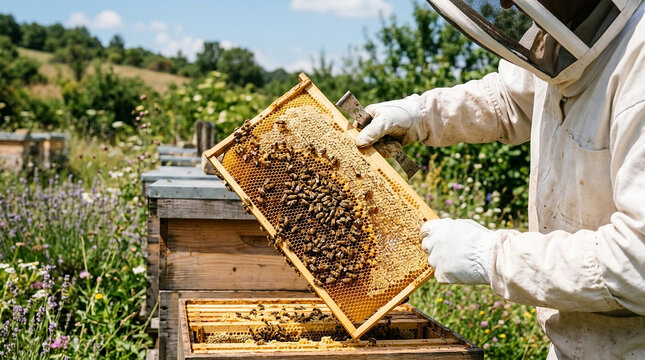 Beekeeper in protective suit holds a wooden honeycomb frame with bees and honey from hive