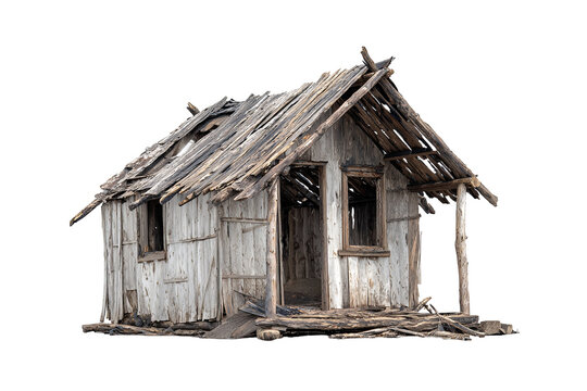 Fire-damaged wooden hut with charred logs and burnt roof, weathered texture, ruins after fire, isolated on transparent background