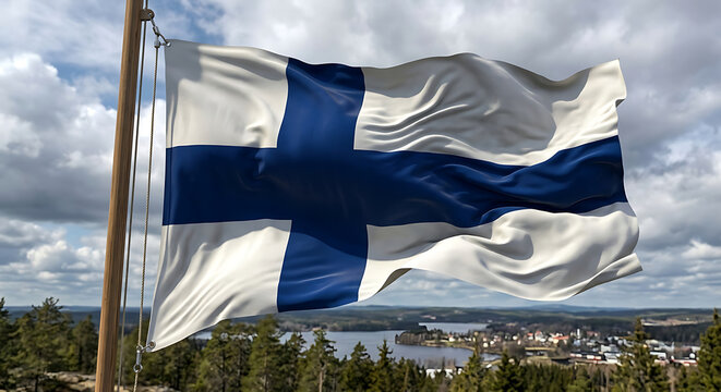 Finnish Flag Waving Over Scenic Lakeside Landscape