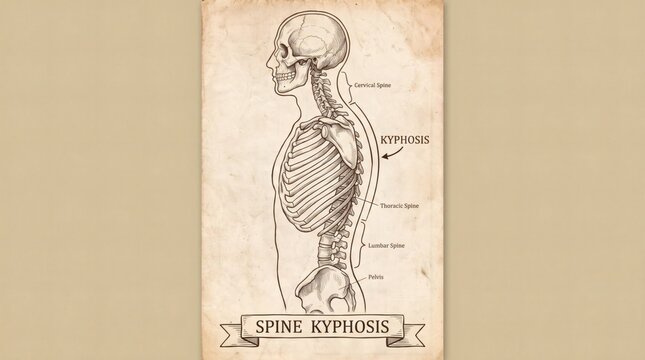 Vintage illustration of human spine with kyphosis medical condition.