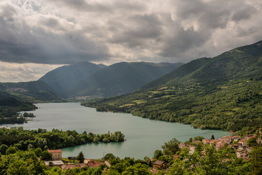 Barrea and its lake. Abruzzo. Spectacular spring panorama