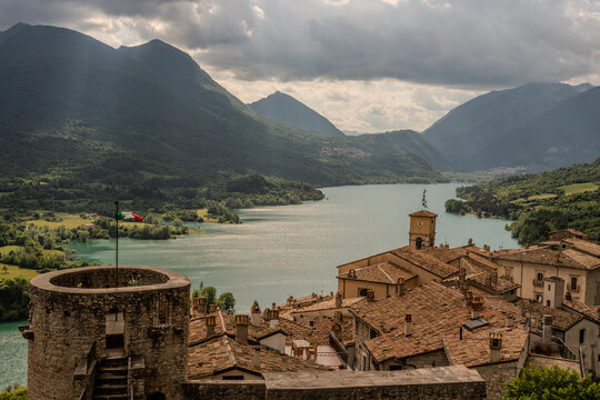 Barrea and its lake. Abruzzo. Spectacular spring panorama