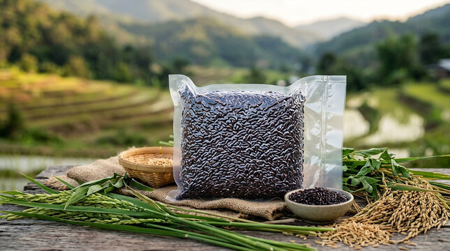 Black rice in vacuum sealed bag with raw rice plant ingredients on wooden table