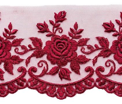 Elegant Red Floral Lace Trim with Intricate Rose Motifs.