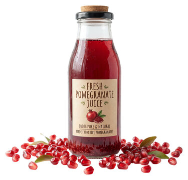 Glass Bottle of Fresh Pomegranate Juice Surrounded by Seeds.