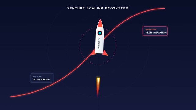 Venture Capital Growth Animation Illustrating Startup Success with Rocket Launch and Valuation Data