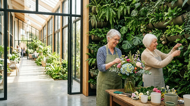 Active seniors engaging in gardening and floral arrangement in a vibrant cohousing community environment