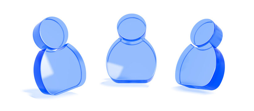 Three blue 3d user profile avatar icons isolated on transparent background