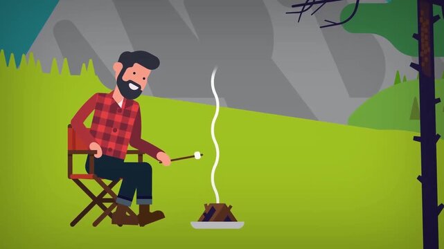 2D Animated Man Sitting on Folding Chair Roasting Marshmallow over Campfire in Forest Flat Vector Character Animation Footage