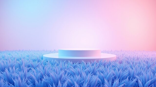Minimalist stage amid blue grass. Soft pink, cyan gradients create dreamy backdrop. Perfect product display setting.