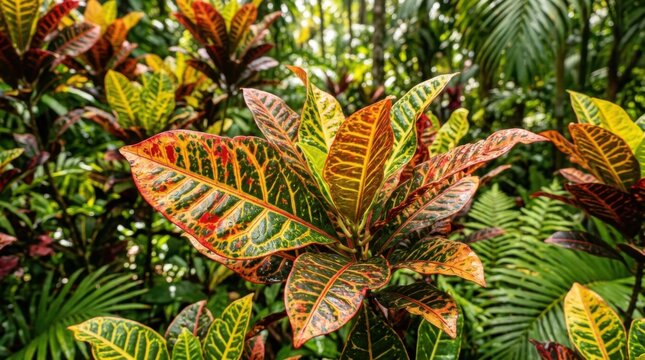 Vibrant Croton Plant Leaves with Detailed Patterns in Lush Greenery.