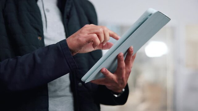 Tablet, research and hands of businessman in office with update on finance report with budget review. Digital technology, scrolling and financial advisor with email for stock market investment.