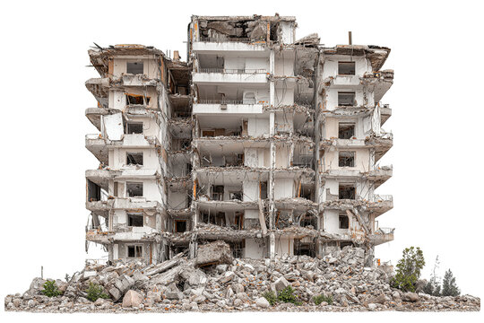 Partially collapsed residential building with damaged concrete debris and ruined walls, isolated on transparent background