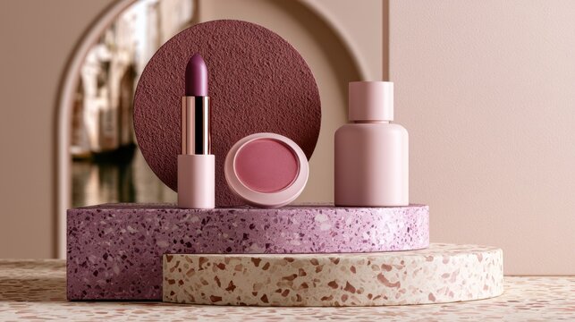 A minimalist display of pink and purple makeup products on terrazzo pedestals