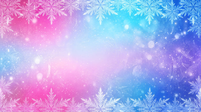 Bright Pastel Rainbow Winter Background with Sparkling Snowflake Border
