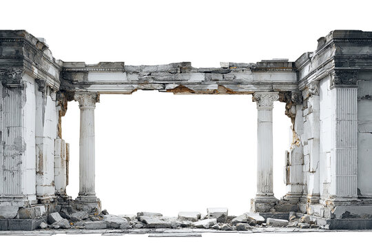 Ancient hall facade with broken stone pillars, damaged ruin architecture, PNG isolated on transparent background